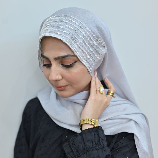 Almas — Silver Handwork Crinkle Silk Hijab | Luxury Designer Hijab Pakistan
