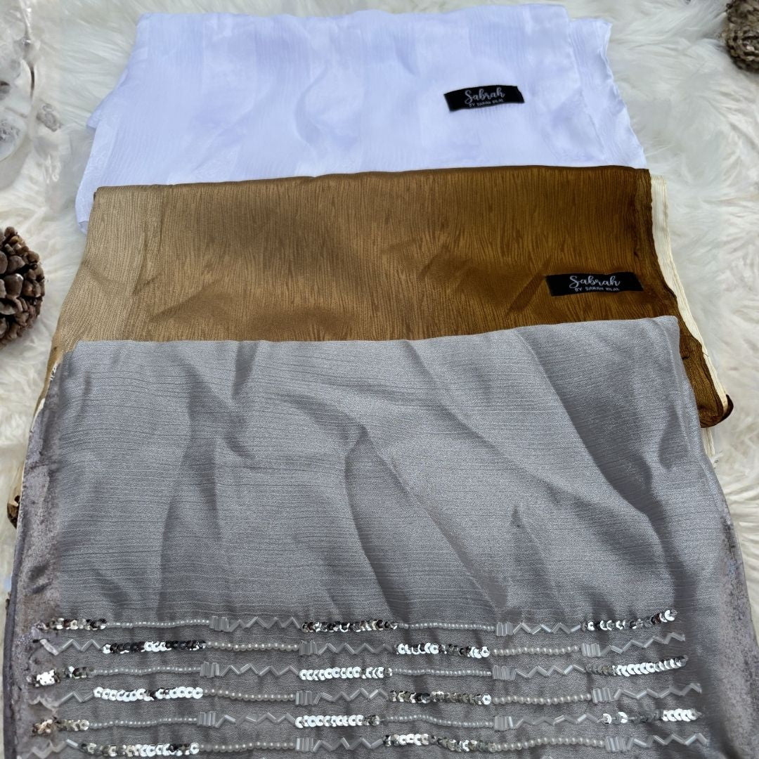 The Luxury Gift Box — Silver Beadwork + White Camel Ombré + White Stripe | Pack of 3 | Save PKR 700 | Hijab Gift Set Pakistan