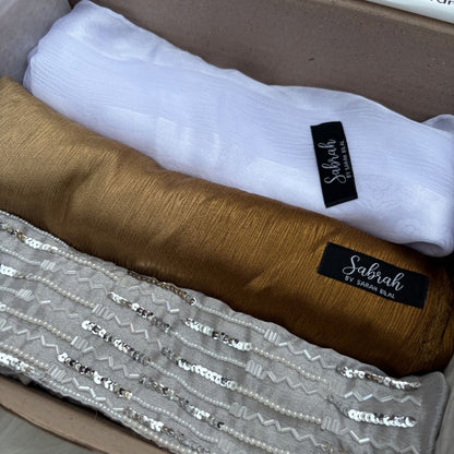 The Luxury Gift Box — Silver Beadwork + White Camel Ombré + White Stripe | Pack of 3 | Save PKR 700 | Hijab Gift Set Pakistan