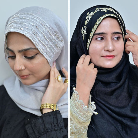 Almas + Nazneen — Silver & Black Designer Hijab Pack of 2 | Save PKR 500