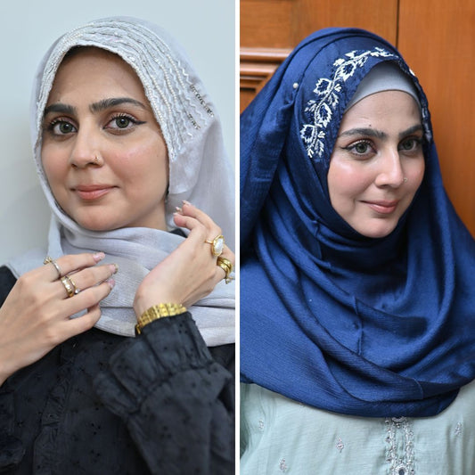 Aarzu + Almas — Navy & Silver Designer Hijab Pack of 2 | Save PKR 500