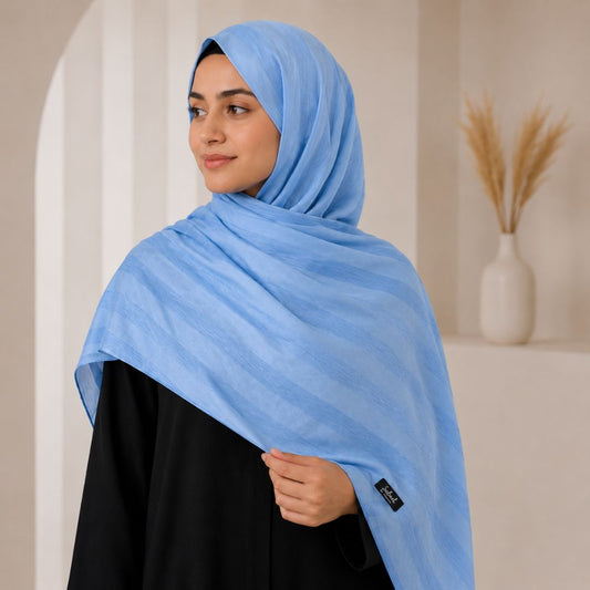 Sama — Sky Blue Tonal Stripe Silk Hijab | Luxury Silk Scarf Pakistan