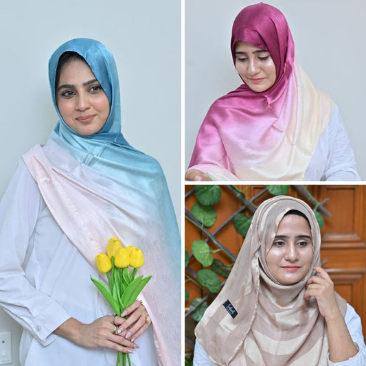 The Soft Glam Trio — Zinc Teal Ombré + Shola Magenta Ombré + Skin Jacquard Stripe | Pack of 3 | Save PKR 490