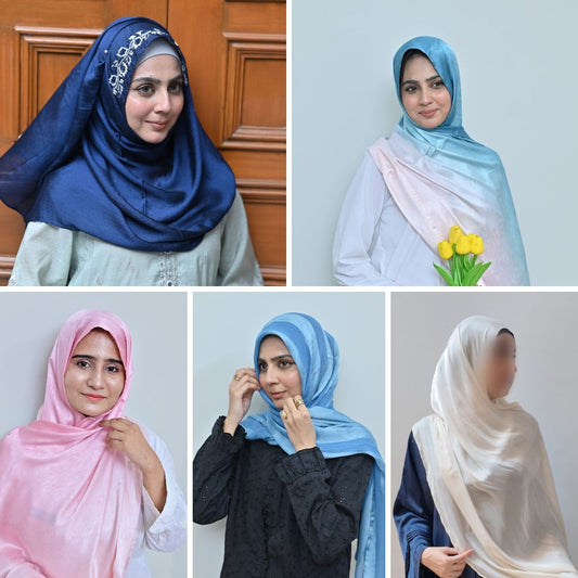 The Cool Daily Five — Aarzu Navy + Zinc Teal Ombré + Light Pink Ombré + Sama Sky Blue Stripe + Pearl White Organza | Pack of 5 | Save PKR 905