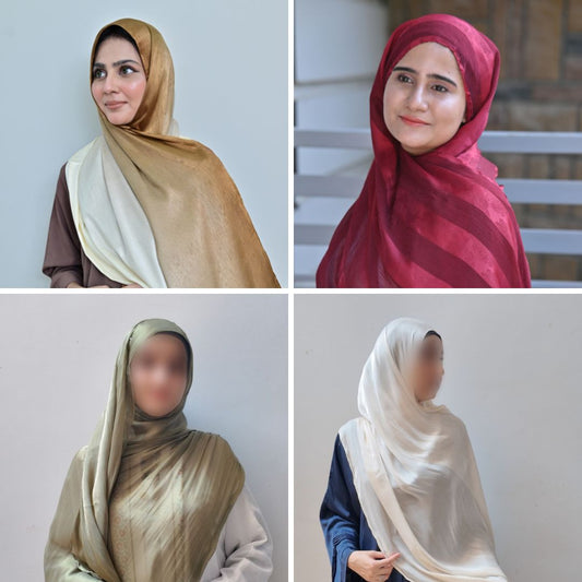 The Wedding Guest Four — Fajar Camel Ombré + Aatish Maroon Stripe + Olive Green Organza + Pearl White Organza | Pack of 4 | Save PKR 550