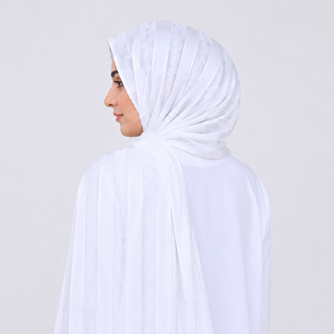 Safaid — White Jacquard Stripe Silk Hijab | Bridal & Umrah Silk Hijab Pakistan