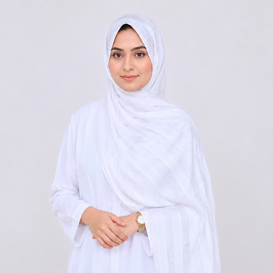 Safaid — White Jacquard Stripe Silk Hijab | Bridal & Umrah Silk Hijab Pakistan