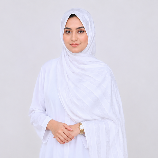 Safaid — White Jacquard Stripe Silk Hijab | Bridal & Umrah Silk Hijab Pakistan