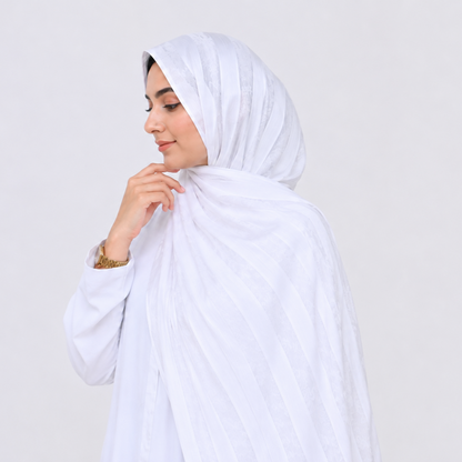 Safaid — White Jacquard Stripe Silk Hijab | Bridal & Umrah Silk Hijab Pakistan