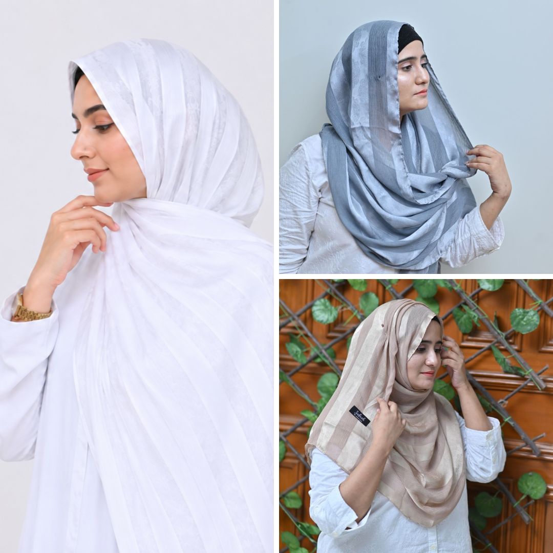 White, Grey & Skin Striped Silk Hijab Pack of 3 | Save PKR 700