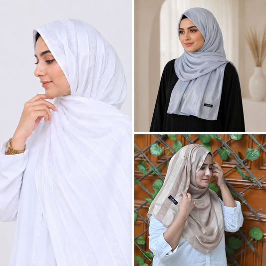 White, Grey & Champagne Striped Silk Hijab Pack of 3 | Save PKR 500