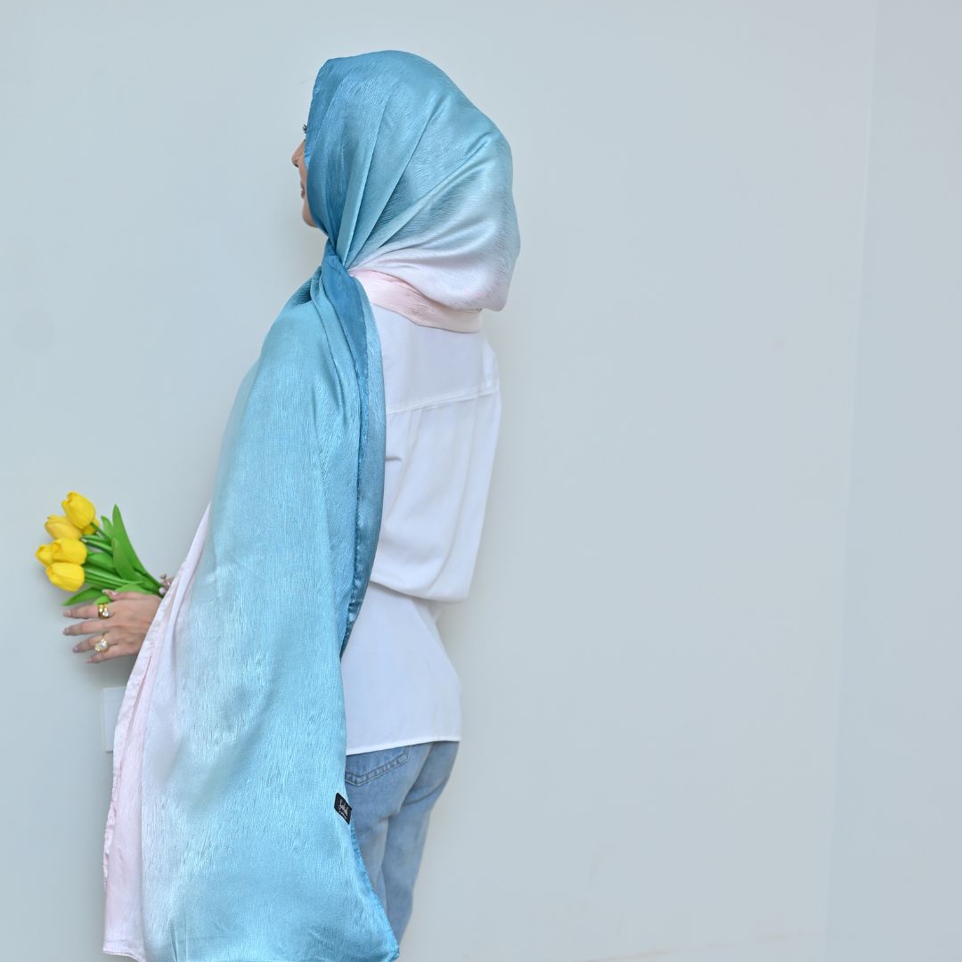 Zinc — Blush to Teal Ombré Silk Hijab | Luxury Silk Scarf Pakistan
