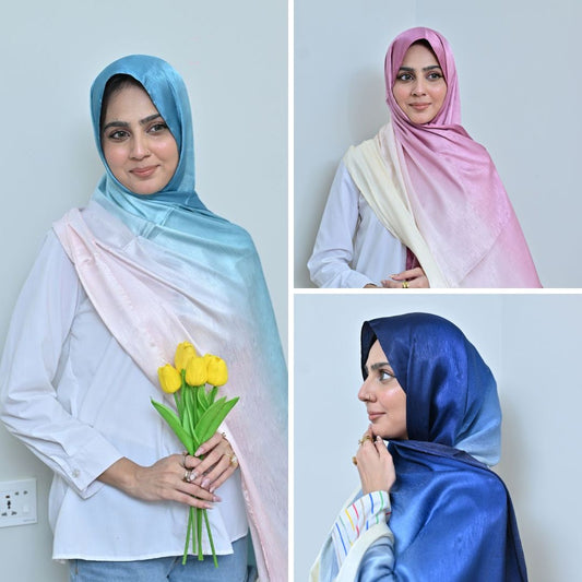 Teal, Lilac & Royal Blue Ombré Silk Hijab Pack of 3 | Save PKR 900